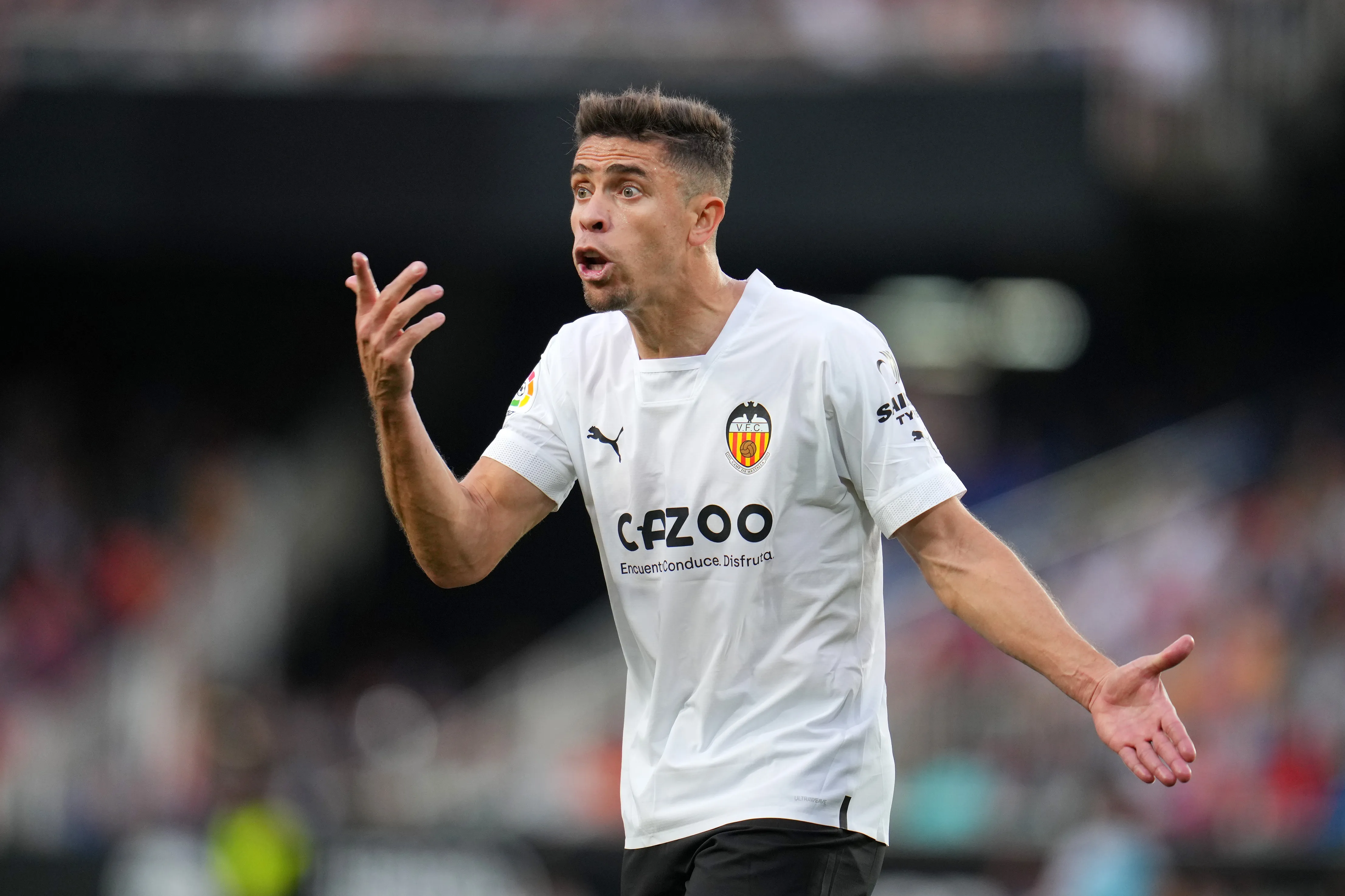 VALENCIA, SPAIN – MAY 03: Gabriel Paulista of Valencia CF reacts during the LaLiga Santander match between Valencia CF and Villarreal CF at Estadio Mestalla on May 03, 2023 in Valencia, Spain. (Photo by Aitor Alcalde/Getty Images)