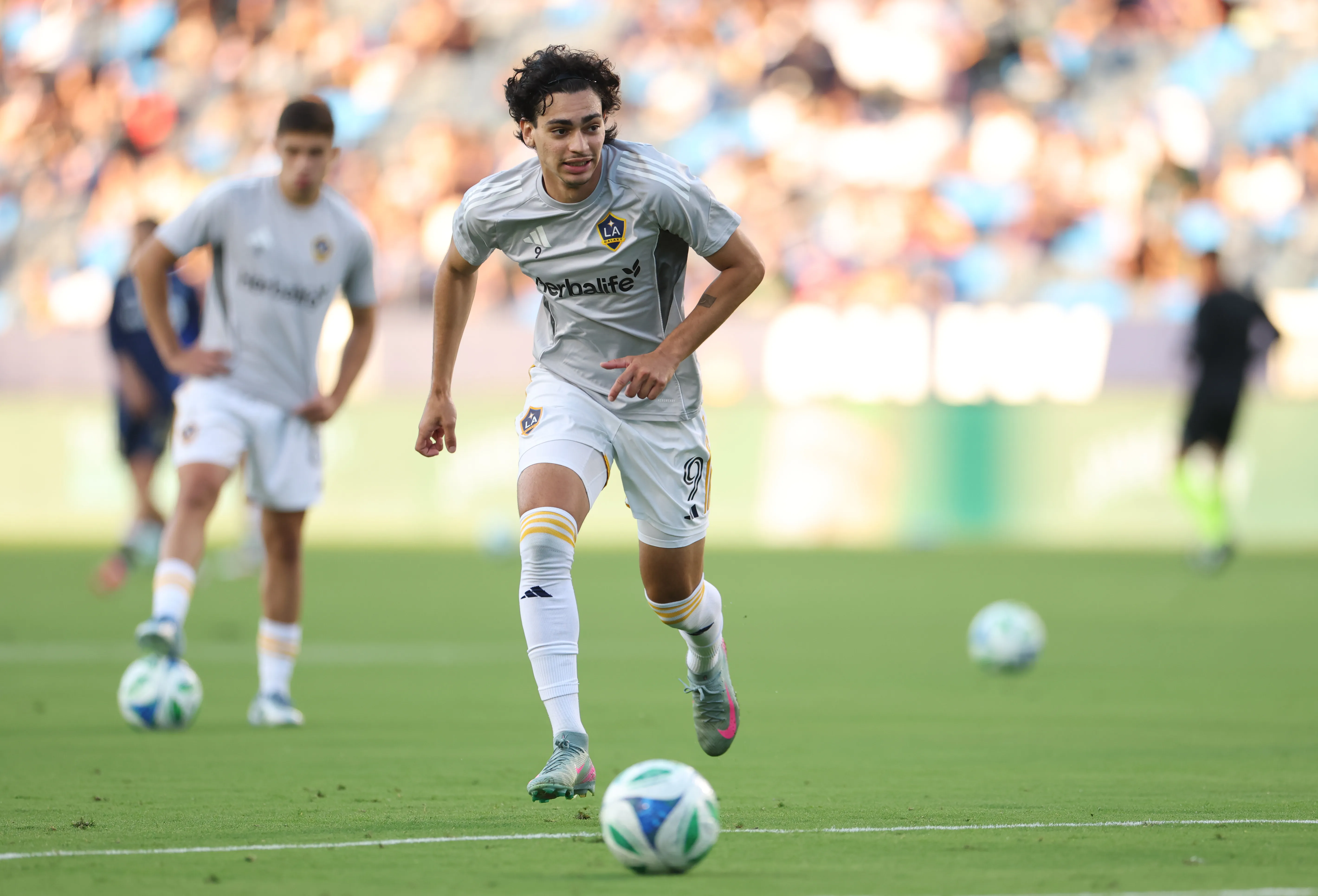 CARSON, CALIFORNIA – JULY 04: Matheus Nascimento #9 of Los Angeles Galaxy during warm up before the game against the Vancouver Whitecaps FC at Dignity Health Sports Park on July 04, 2025 in Carson, California. (Photo by Harry How/Getty Images)