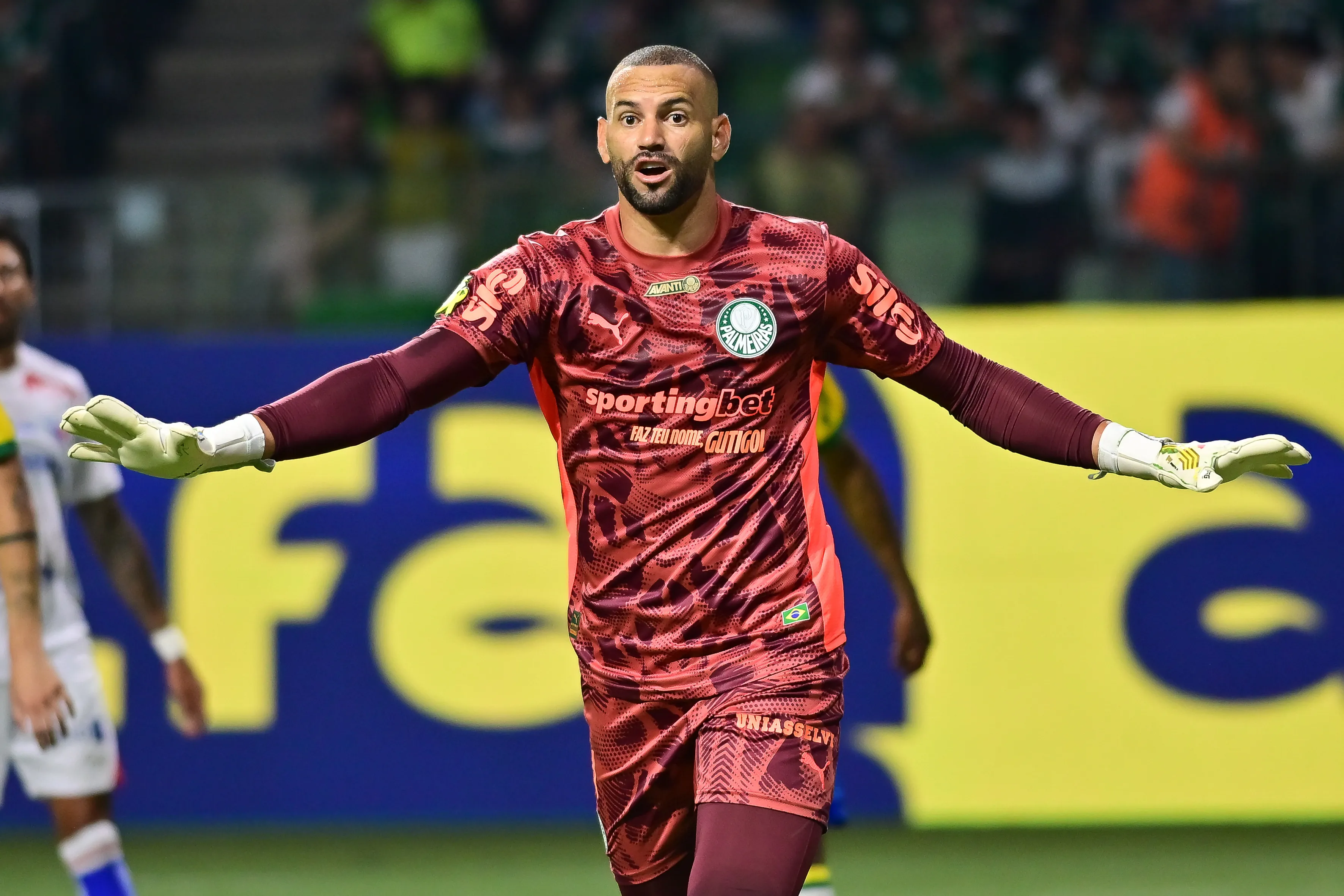 Weverton goleiro do Palmeiras durante partida contra o Fortaleza no estadio Arena Allianz Parque pelo campeonato Brasileiro A 2025. Foto: Jota Erre/AGIF