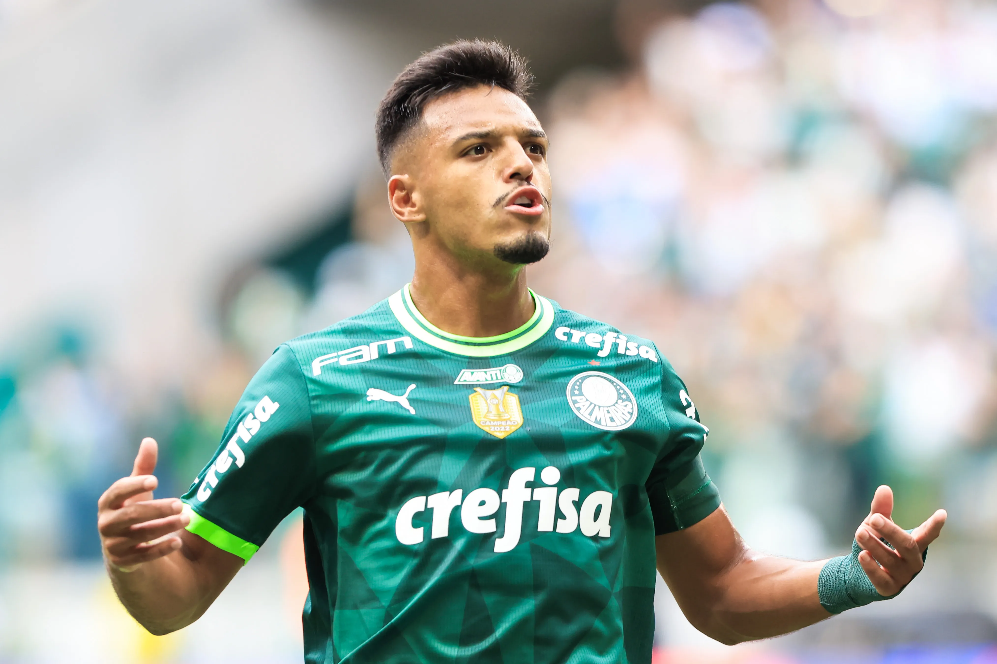 SP – SAO PAULO – 09/04/2023 – PAULISTA 2023, PALMEIRAS X AGUA SANTA -Gabriel Menino jogador do Palmeiras comemora seu gol durante partida contra o Agua Santa no estadio Arena Allianz Parque pelo campeonato Paulista 2023. Foto: Marcello Zambrana/AGIF