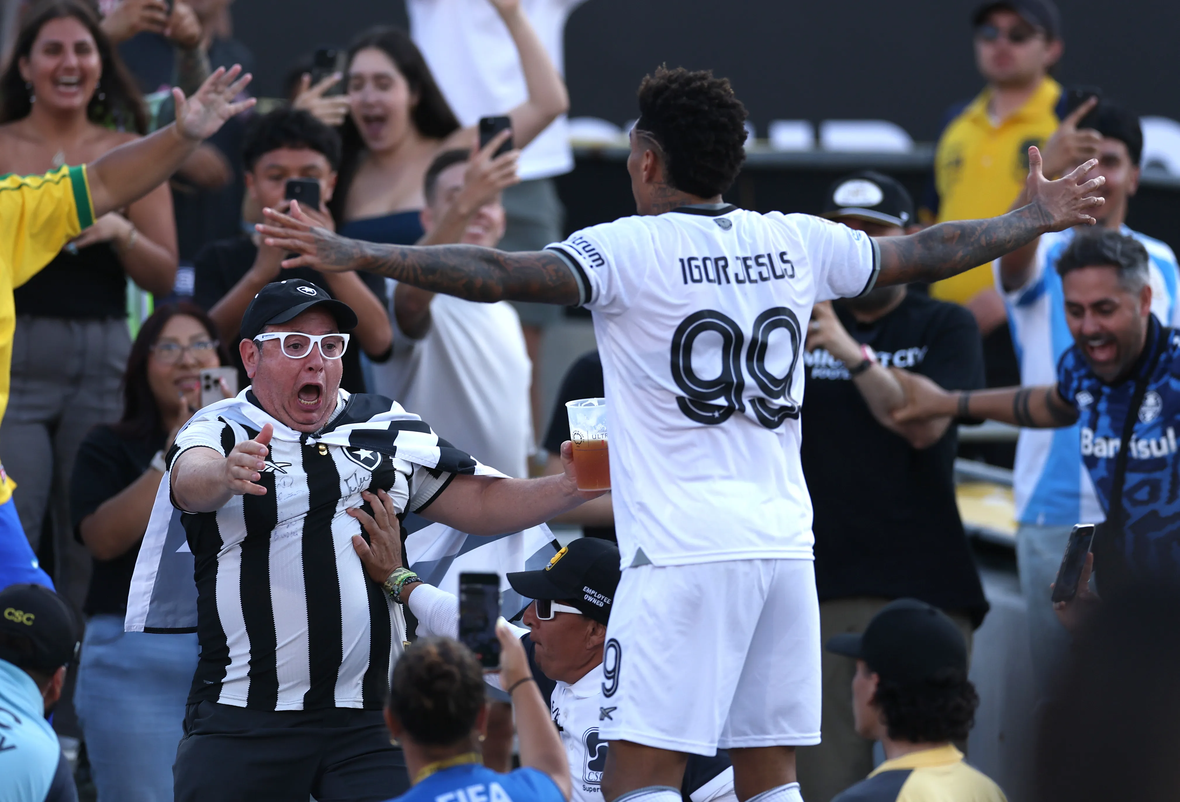 PBotafogo player Igor Jesus celebrates his winning goal with fans during the FIFA Club World Cup 2025 group B match between Paris Saint-Germain FC and Botafogo FR at Rose Bowl Stadium on June 19, 2025 in Pasadena, California. (Photo by Stu Forster/Getty Images)