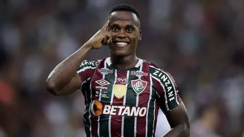 Jhon Arias jogador do Fluminense comemora seu gol durante partida contra o LDU no estadio Maracana pelo campeonato Recopa Sul-Americana 2024.