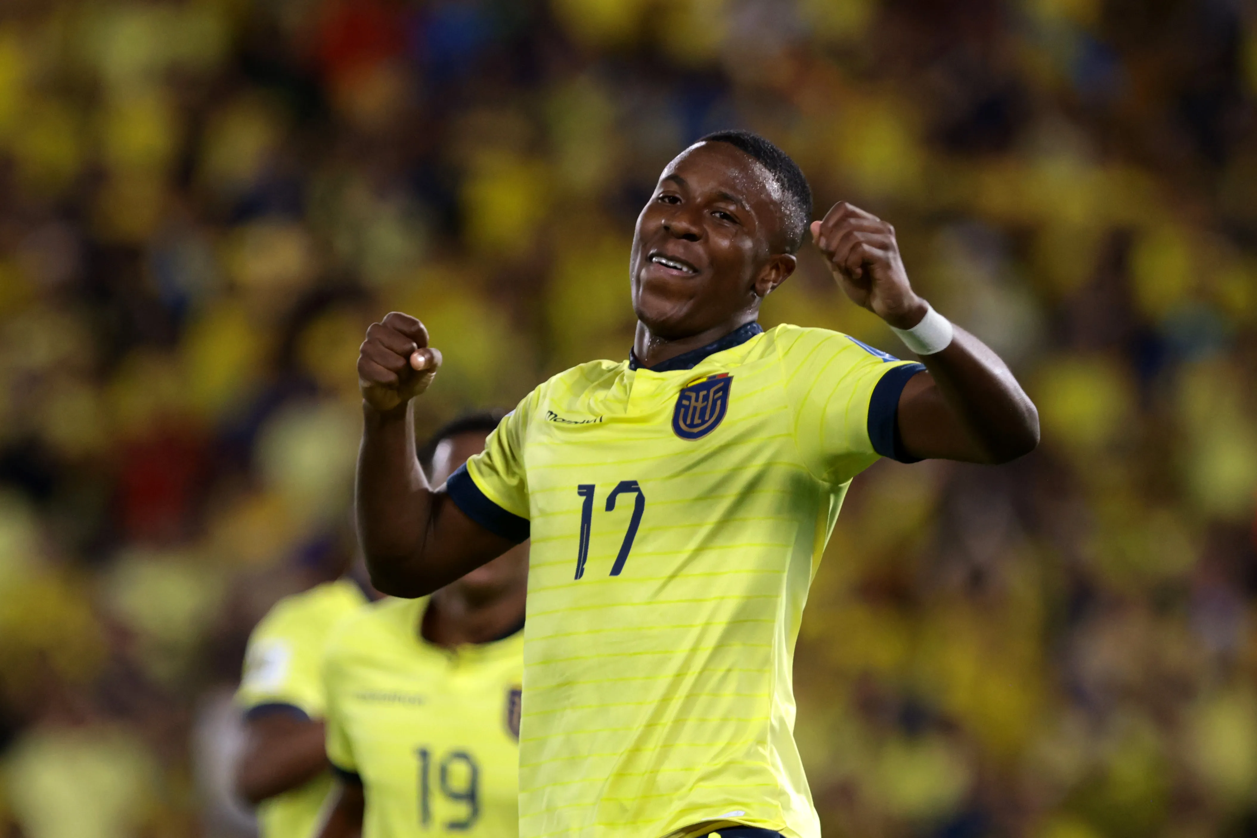GUAYAQUIL, ECUADOR – NOVEMBER 14: Alan Minda of Ecuador celebrates after scoring the team’s fourth goal during the South American FIFA World Cup 2026 Qualifier match between Ecuador and Bolivia at Estadio Monumental Isidro Romero Carbo on November 14, 2024 in Guayaquil, Ecuador. (Photo by Franklin Jacome/Getty Images)