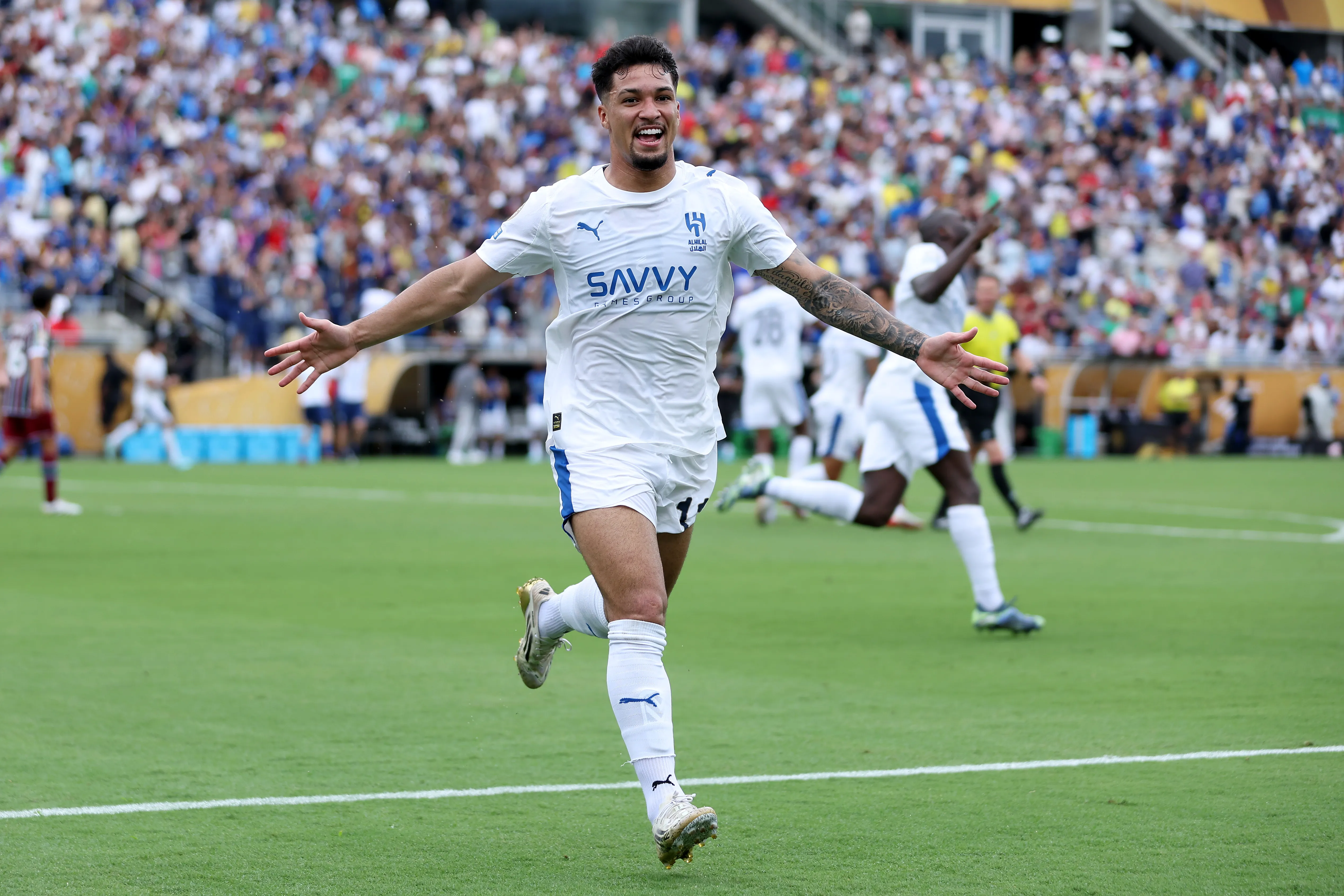 ORLANDO, FLORIDA – JULY 04: Marcos Leonardo #11 of Al Hilal celebrates scoring his team’s first goal during the FIFA Club World Cup 2025 quarter final match between Fluminense FC and Al Hilal at Camping World Stadium on July 04, 2025 in Orlando, Florida. (Photo by Megan Briggs/Getty Images)