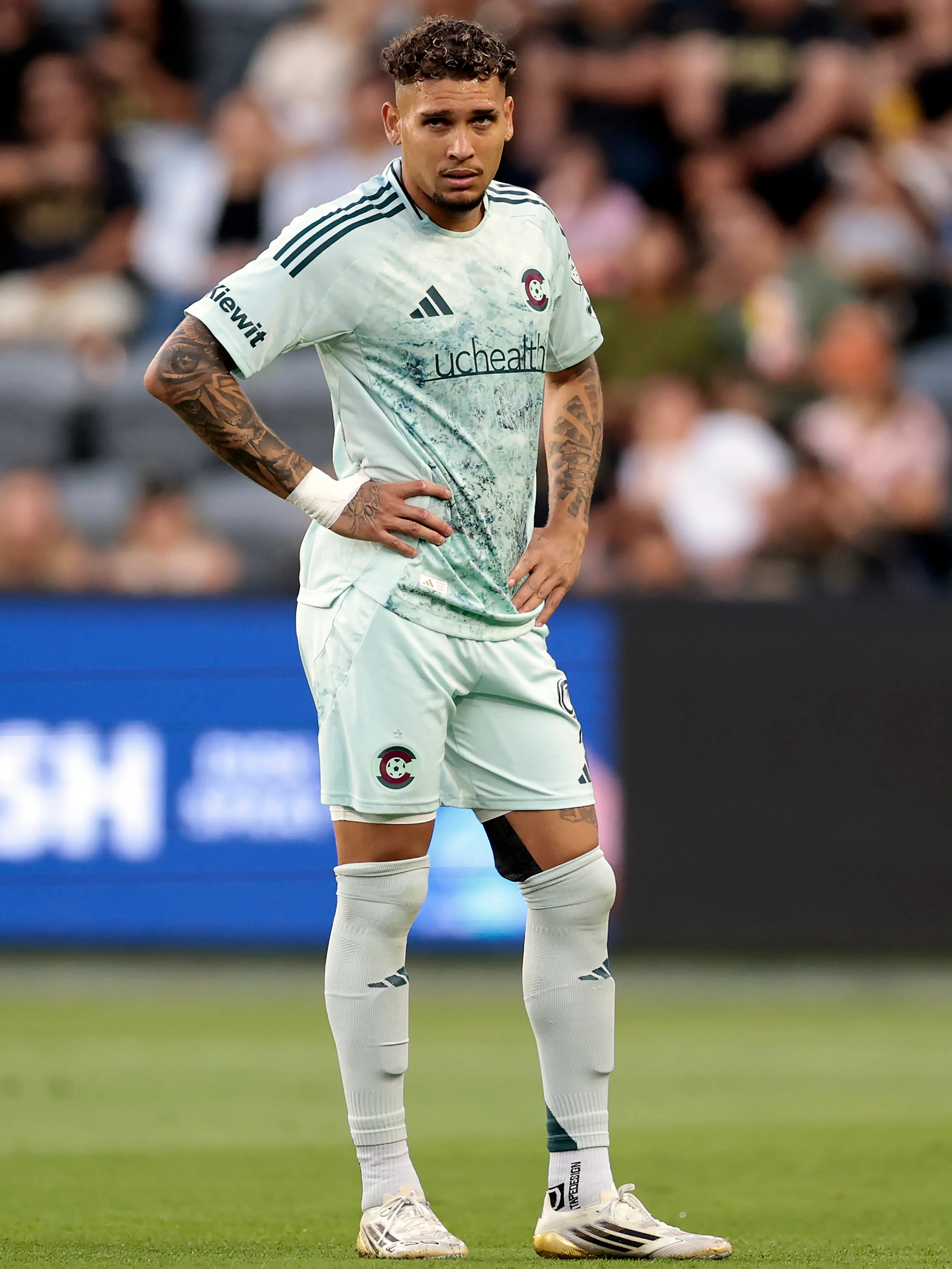 LOS ANGELES, CALIFORNIA – JULY 09:  Rafael Navarro #9 of Colorado Rapids on field against the Los Angeles FC in the first half at BMO Stadium on July 09, 2025 in Los Angeles, California. (Photo by Ronald Martinez/Getty Images)