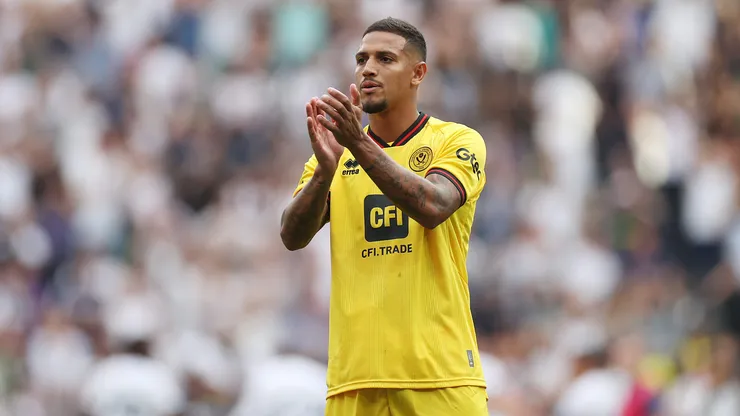 Vini Souza of Sheffield United applauds fans following the Premier League match between Tottenham Hotspur and Sheffield United at Tottenham Hotspur Stadium on September 16, 2023 in London, England.