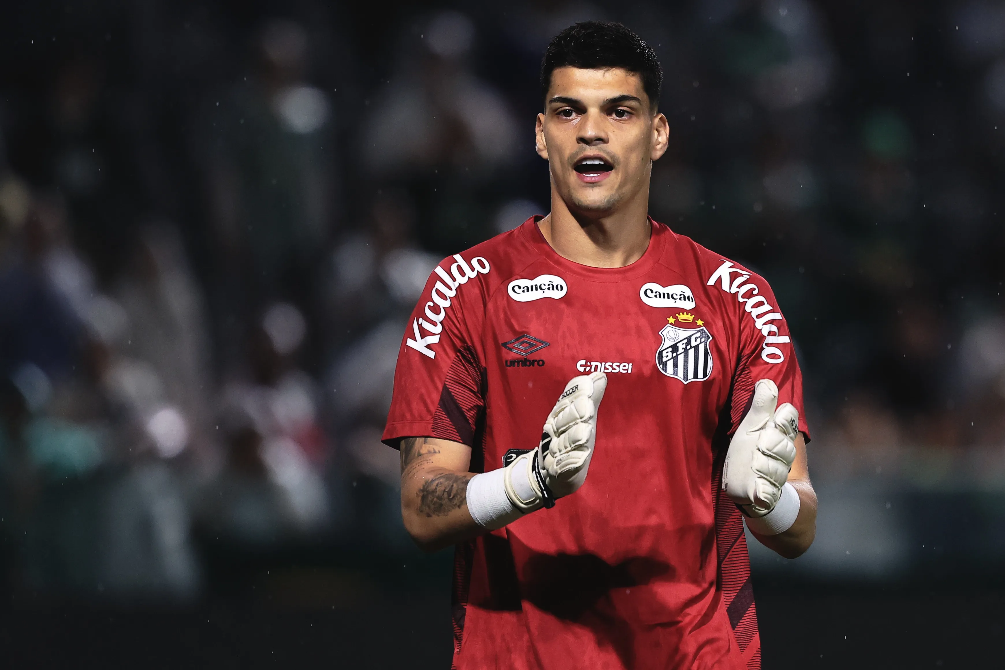 SP – BARUERI – 14/01/2026 – PAULISTA 2026, PALMEIRAS X SANTOS – Gabriel Brazao goleiro do Santos durante partida contra o Palmeiras no estadio Arena Barueri pelo campeonato Paulista 2026. Foto: Ettore Chiereguini/AGIF