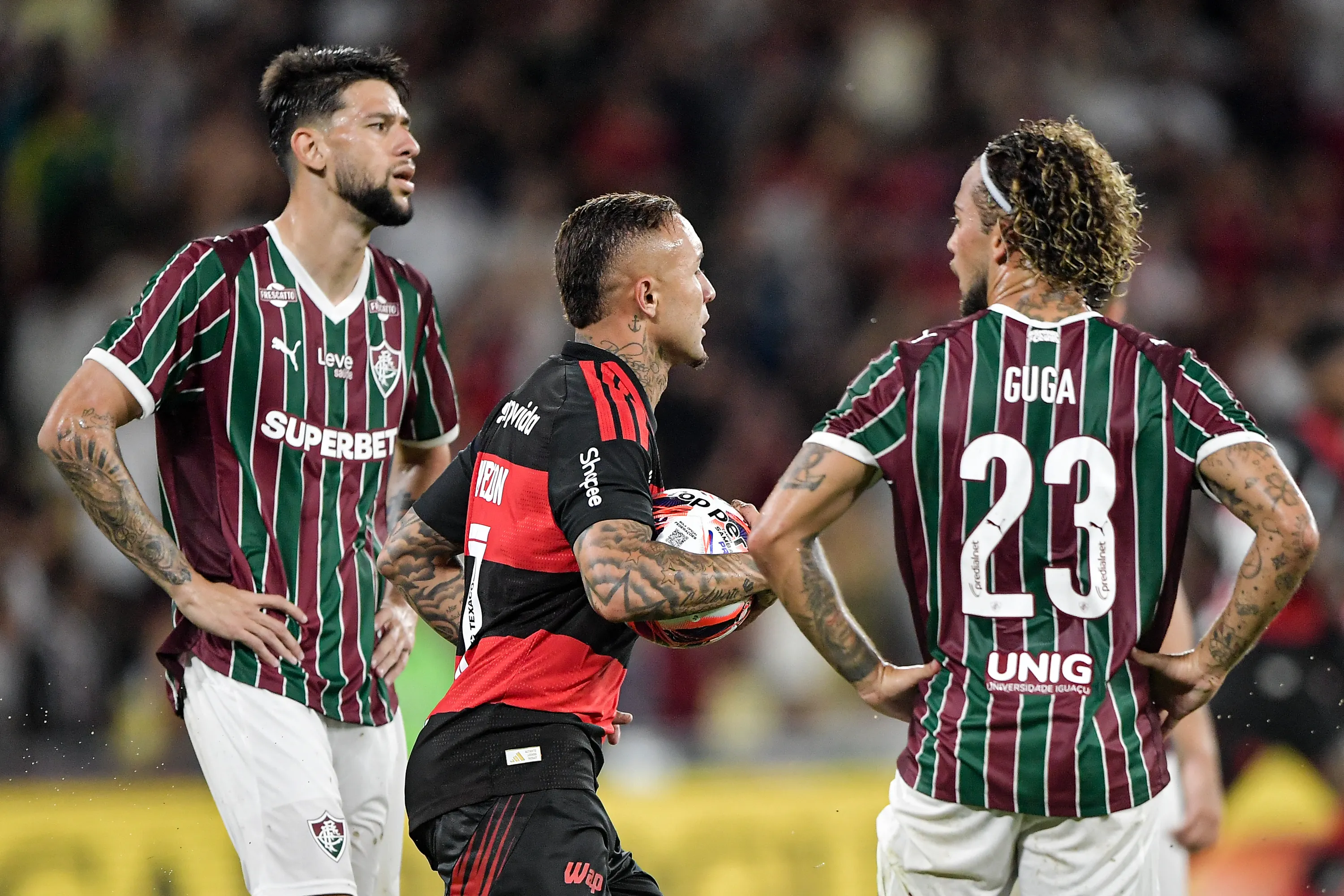 Everton Cebolinha jogador do Flamengo comemora seu gol durante partida contra o Fluminense no estadio Maracana pelo campeonato Carioca 2026. Foto: Thiago Ribeiro/AGIF