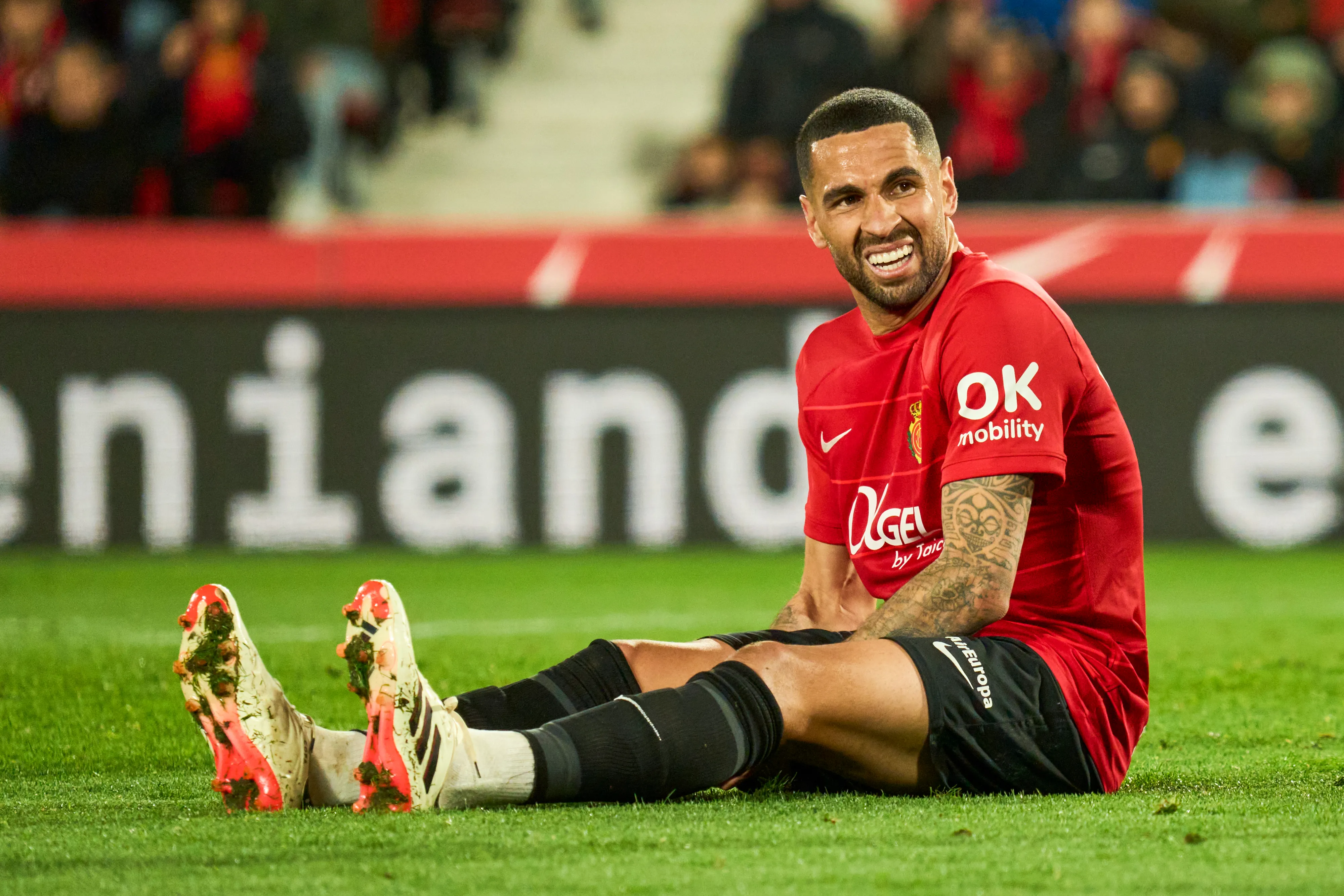 MALLORCA, SPAIN – MARCH 03: Omar Mascarell of RCD Mallorca lies on the pitch during the LaLiga EA Sports match between RCD Mallorca and Girona FC at Estadi de Son Moix on March 03, 2024 in Mallorca, Spain. (Photo by Rafa Babot/Getty Images)