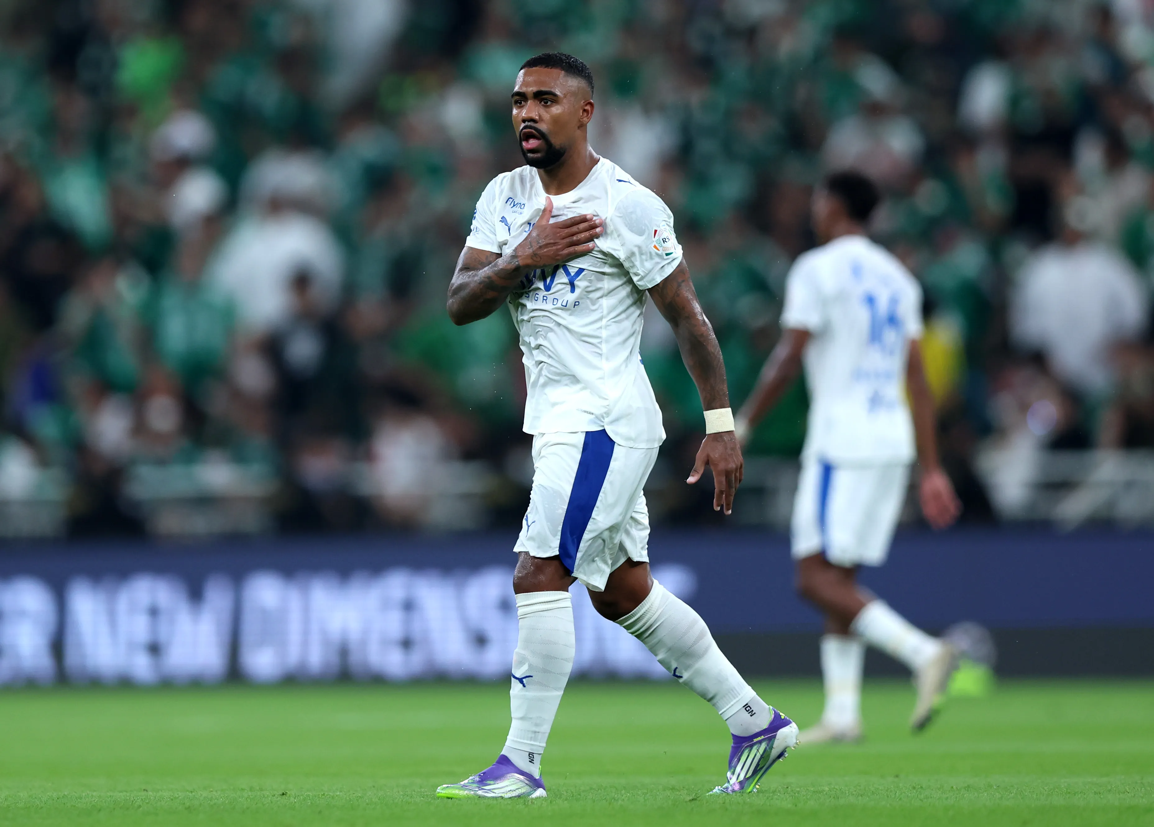 JEDDAH, SAUDI ARABIA – SEPTEMBER 19: Malcom of Al Hilal celebrates scoring his team’s third goal during the Saudi Pro League match between Al Ahli and Al Hilal at King Abdullah Sports City on September 19, 2025 in Jeddah, Saudi Arabia. (Photo by Yasser Bakhsh/Getty Images)