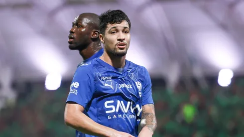 Marcos Leonardo of Al Hilal celebrates after scoring the 1st goal during the Saudi Pro League match between Al Ettifaq and Al Hilal at Ego Stadium on October 18, 2025 in Dammam, Saudi Arabia. (Photo by Yasser Bakhsh/Getty Images)
