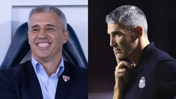 Hernán Crespo (E), técnico do São Paulo, e Juan Pablo Vojvoda (D), treinador do Santos. Fotos: Ettore Chiereguini e Marcello Zambrana/AGIF