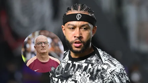 Memphis Depay jogador do Corinthians durante aquecimento antes da partida contra o Bahia/ Dorival Júnior técnico do Corinthians durante partida contra o Flamengo (Imagem: Jota Erre/AGIF/Mateus Bonomi/AGIF)