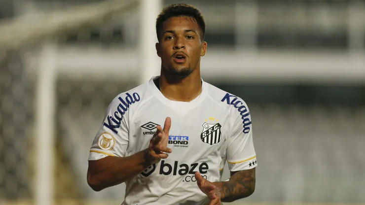 Marcos Leonardo of Santos celebrates after scoring the team's second goal during the match between Santos and Botafogo as part of Brasileirao Series A 2023 at Urbano Caldeira Stadium (Vila Belmiro) on July 23, 2023 in Santos, Brazil.