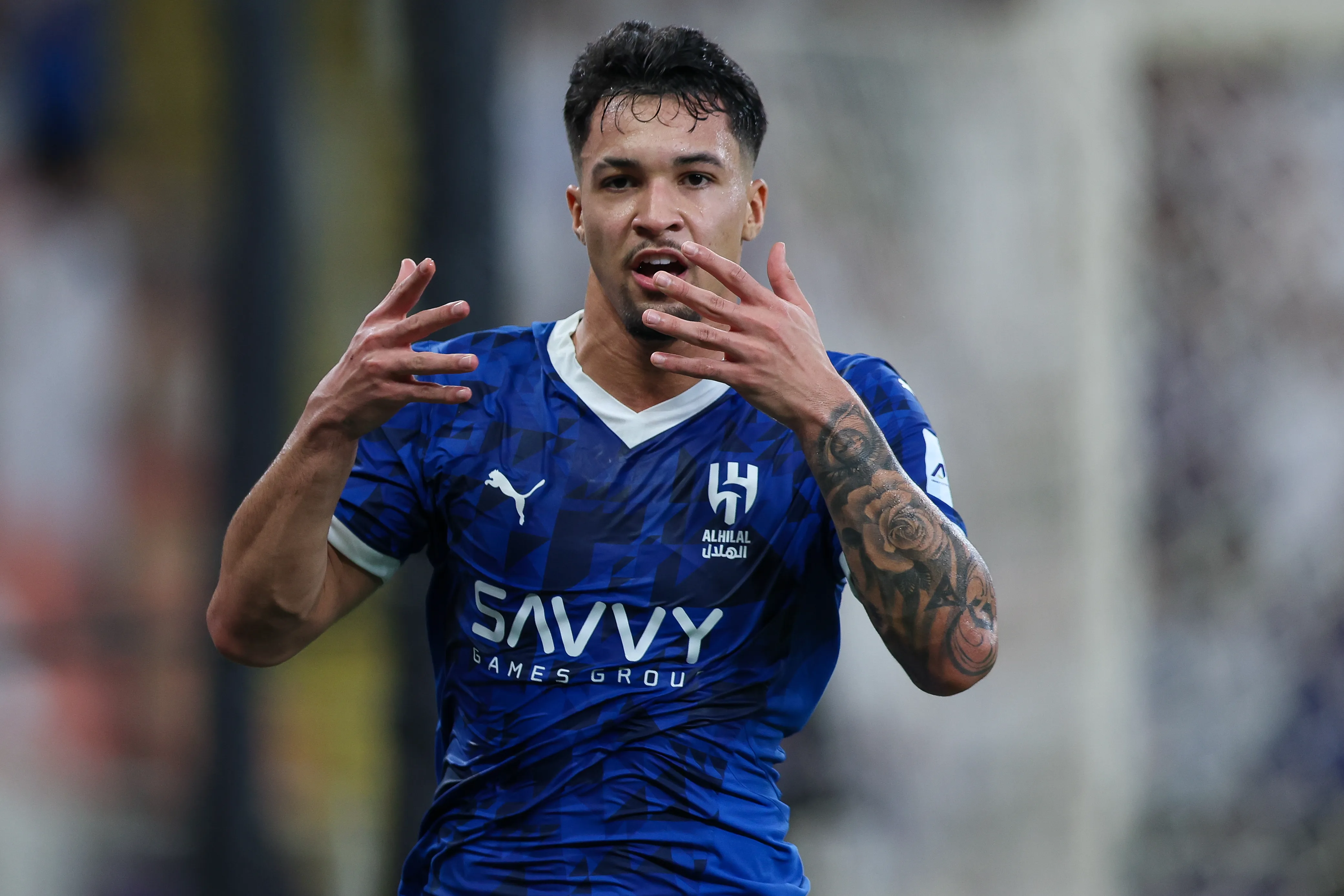 JEDDAH, SAUDI ARABIA – APRIL 25: Marcos Leonardo of Al Hilal celebrates after scoring the second goal during the AFC Champions League Elite match between Al Hilal and Gwangju at King Abdullah Sports City Hall Stadium on April 25, 2025 in Jeddah, Saudi Arabia. (Photo by Yasser Bakhsh/Getty Images)