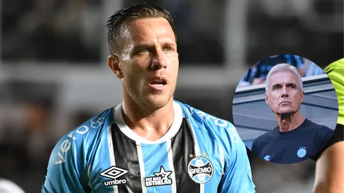 Arthur jogador do Grêmio durante partida contra o Santos no estádio Vila Belmiro pelo campeonato Brasileiro A 2025. Luís Castro técnico do Grêmio durante partida contra o São Luiz-RS Foto: Jota Erre e Maxi Franzoi /AGIF
