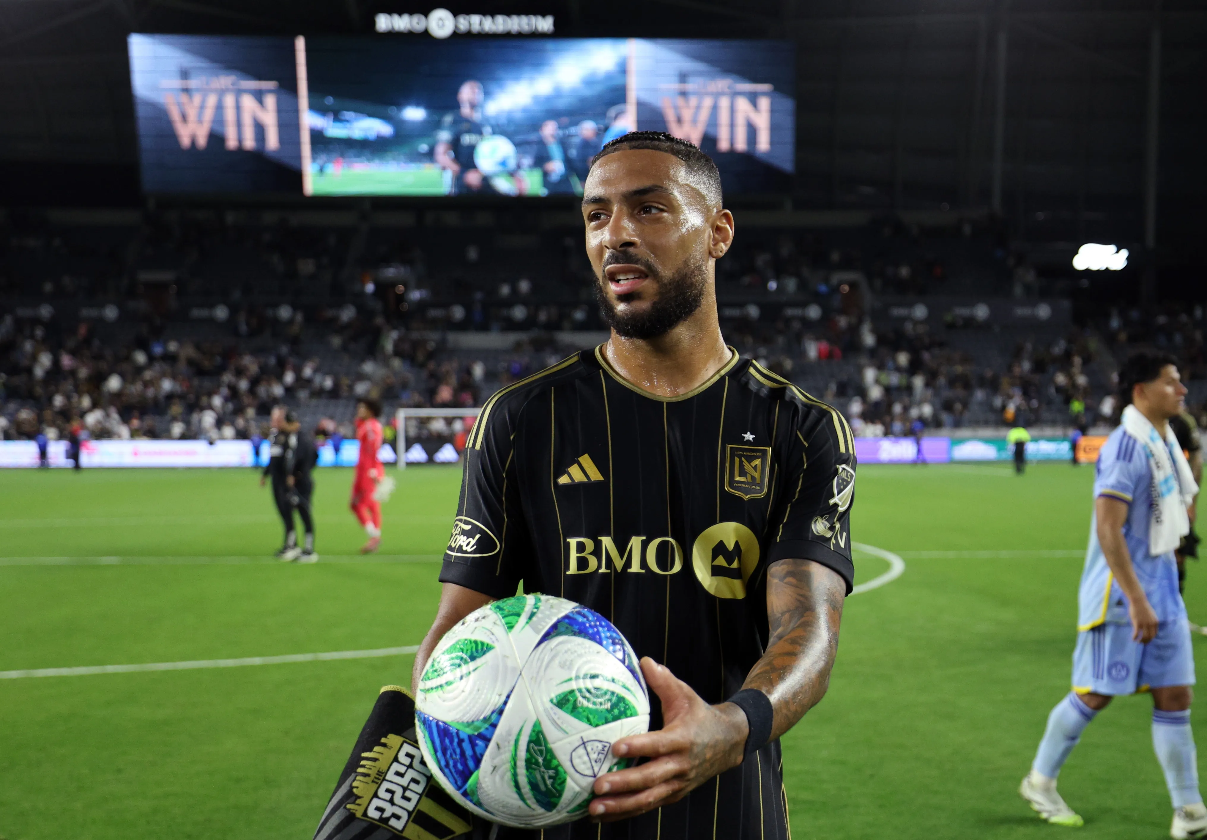 LOS ANGELES, CALIFORNIA – OCTOBER 5: Denis Bouanga #99 of Los Angeles FC holds the game ball after defeating Atlanta United, 1-0, at BMO Stadium on October 5, 2025 in Los Angeles, California. Bouanga scored the only goal of the game late in the second half. (Photo by Kevork Djansezian/Getty Images)