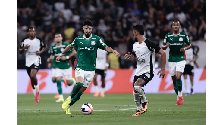Flaco Lopez jogador do Palmeiras durante partida contra o Corinthians no estadio Arena Corinthians pelo campeonato Paulista 2026. Foto: Marcello Zambrana/AGIF