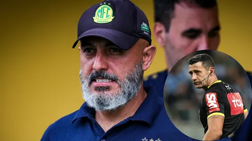 Rafael Guanaes técnico do Mirassol durante partida contra o São Bernardo no estádio Primeiro de Maio pelo campeonato Paulista 2026. Foto: Fabio Giannelli/AGIF –  O árbitro Bráulio da Silva Machado. Foto: Pedro H. Tesch/AGIF

