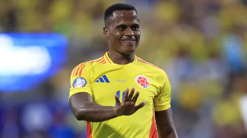 Jhon Arias of Colombia gestures during the CONMEBOL Copa America 2024 semifinal match between Uruguay and Colombia at Bank of America Stadium on July 10, 2024 in Charlotte, North Carolina.