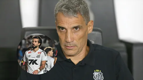 Juan Pablo Vojvoda técnico do Santos durante partida contra o São Paulo/ Lautaro Diaz jogador do Santos durante partida contra o Vitoria (Imagem: Mauricio De Souza/AGIF/ Jota Erre/AGIF)