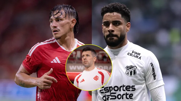 Alexandro Bernabei, Matheus Bahia, novo contratado do Internacional, e Paulo Pezzolano, técnico do Colorado (Imagem: Maxi Franzoi/AGIF/Marcello Zambrana/AGIF)