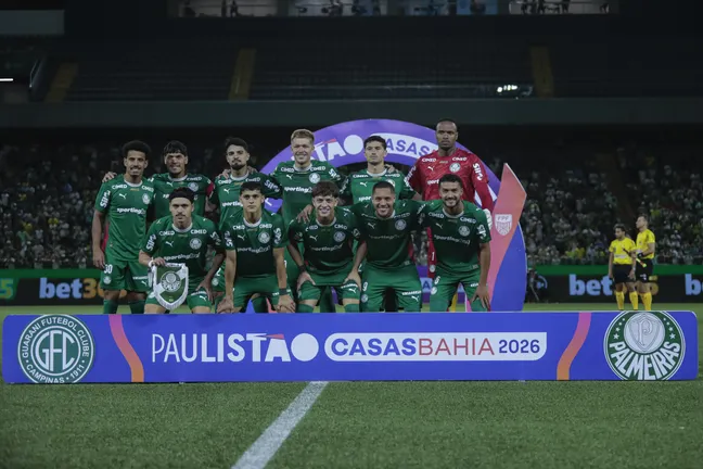 Jogadores do Palmeiras posam para foto antes na partida contra Guarani no estadio Arena Barueri pelo campeonato Paulista 2026. Foto: Marco Miatelo/AGIF