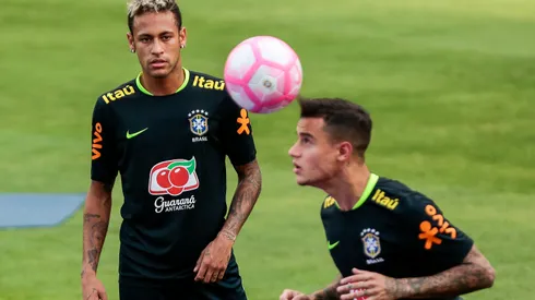 Neymar e Philipe Coutinho durante treino no CT do Sao Paulo na Barra Funda. Foto: Ale Cabral/AGIF