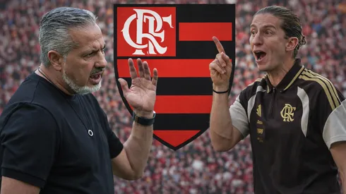 Filipe Luís destacou que Boto é o responsável pela montagem do elenco do Flamengo. Foto: Thiago Ribeiro e Jorge Rodrigues/AGIF – IMAGEM GERADA POR IA