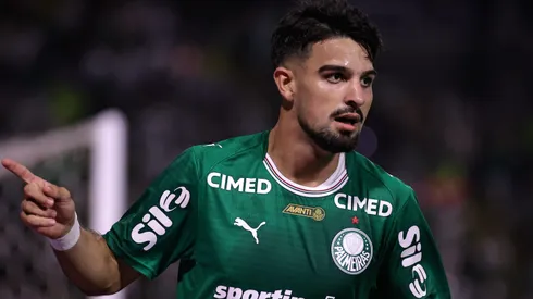 Flaco Lopez jogador do Palmeiras comemora seu gol durante partida contra o Mirassol no estadio Arena Barueri pelo campeonato Paulista 2026.