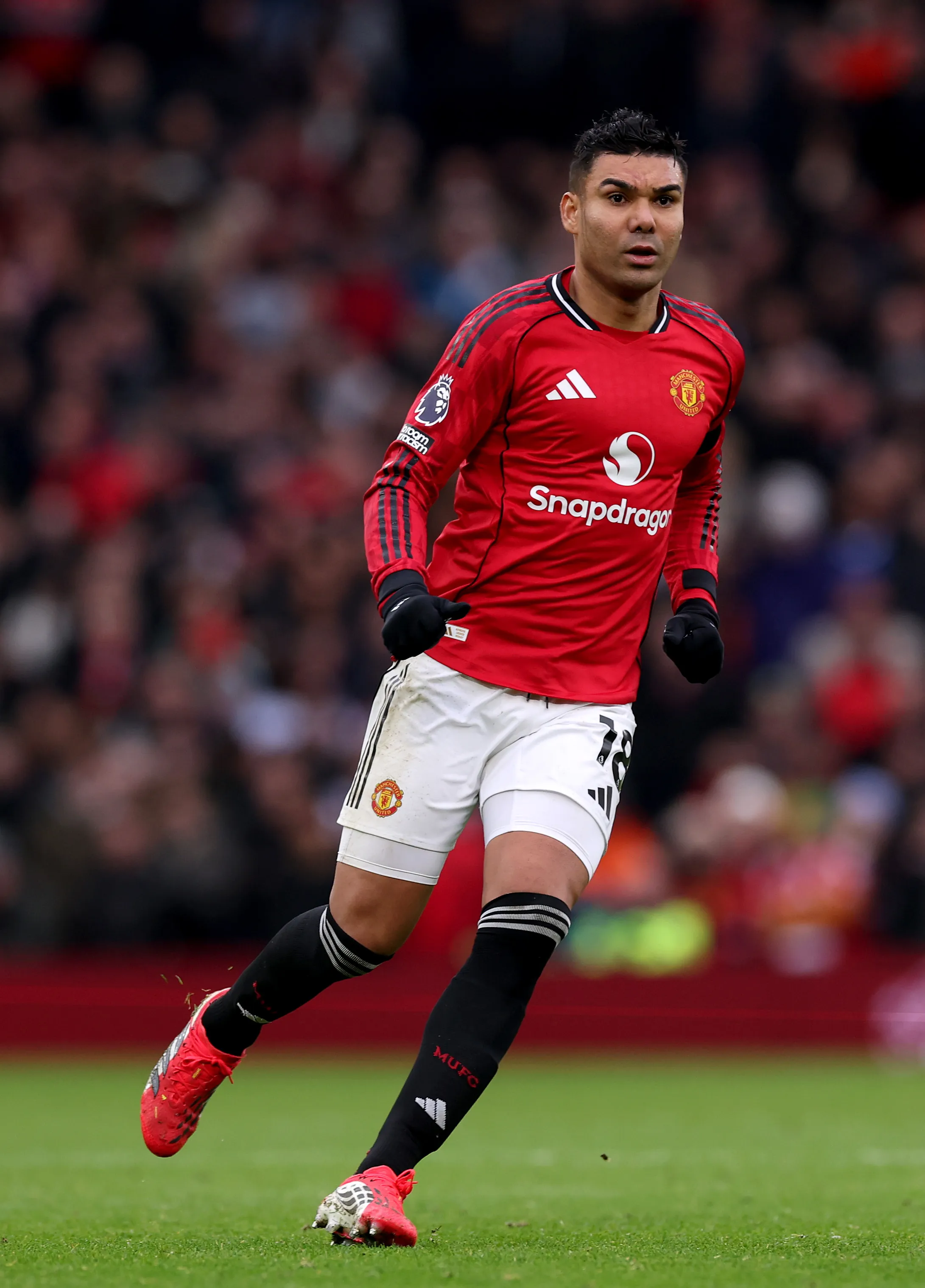 MANCHESTER, ENGLAND – FEBRUARY 07:  Casemiro of Manchester United during the Premier League match between Manchester United and Tottenham Hotspur at Old Trafford on February 07, 2026 in Manchester, England. (Photo by Carl Recine/Getty Images)