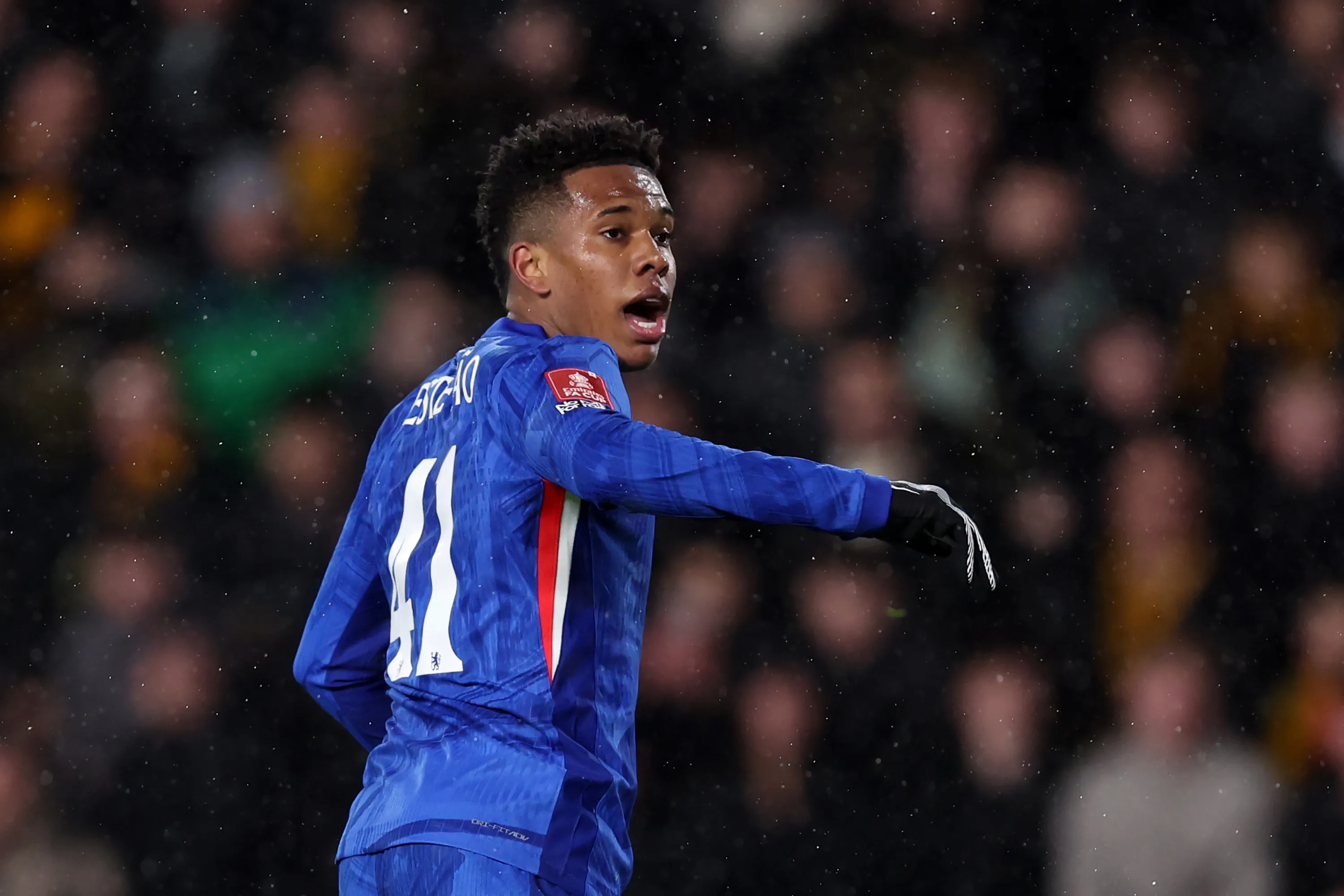 HULL, ENGLAND – FEBRUARY 13: Estevao of Chelsea reacts after missing a chance during the Emirates FA Cup Fourth Round match between Hull City and Chelsea at MKM Stadium on February 13, 2026 in Hull, England. (Photo by George Wood/Getty Images)