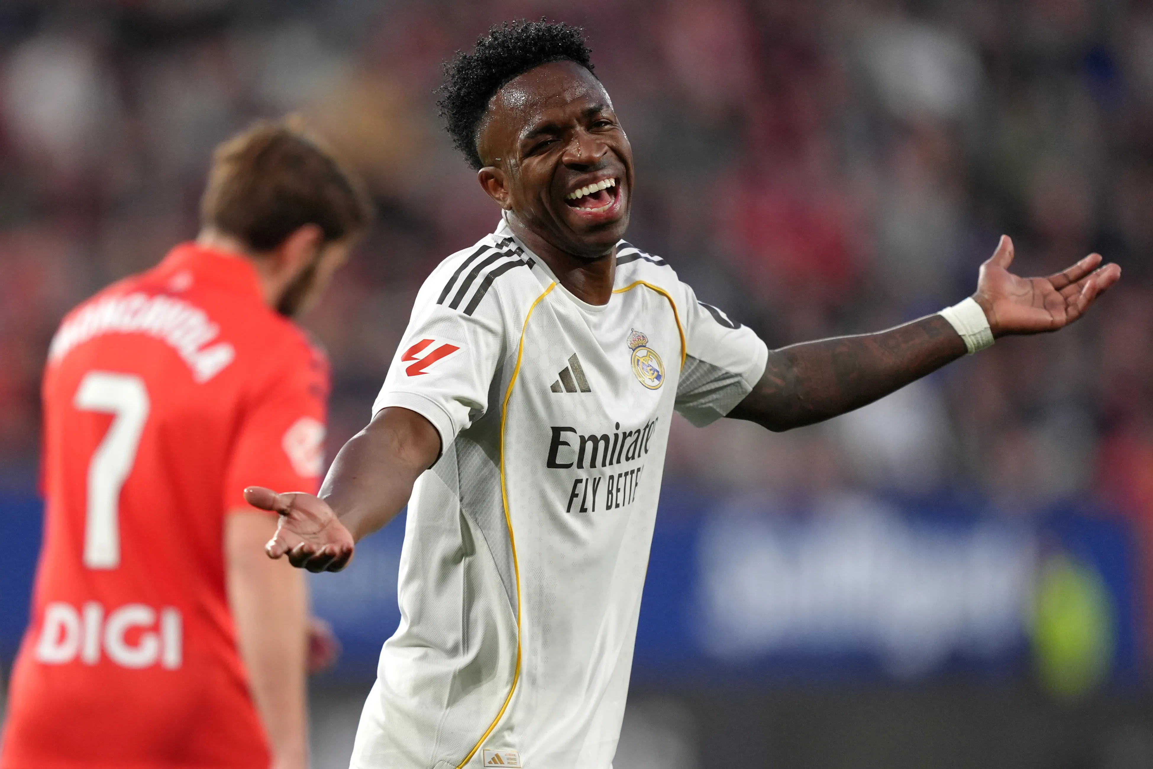 PAMPLONA, SPAIN – FEBRUARY 21: Vinicius Junior of Real Madrid reacts during the LaLiga EA Sports match between CA Osasuna and Real Madrid CF at Estadio El Sadar on February 21, 2026 in Pamplona, Spain. (Photo by Juan Manuel Serrano Arce/Getty Images)