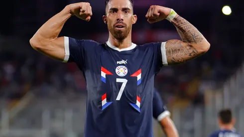 Gabriel Avalos of Paraguay celebrates after scoring the second goal of his team during an international friendly match against Paraguay at Estadio Monumental David Arellano on March 27, 2023 in Santiago, Chile. (Photo by Marcelo Hernandez/Getty Images)