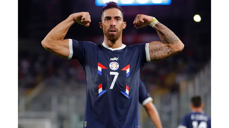 Gabriel Avalos of Paraguay celebrates after scoring the second goal of his team during an international friendly match against Paraguay at Estadio Monumental David Arellano on March 27, 2023 in Santiago, Chile. (Photo by Marcelo Hernandez/Getty Images)