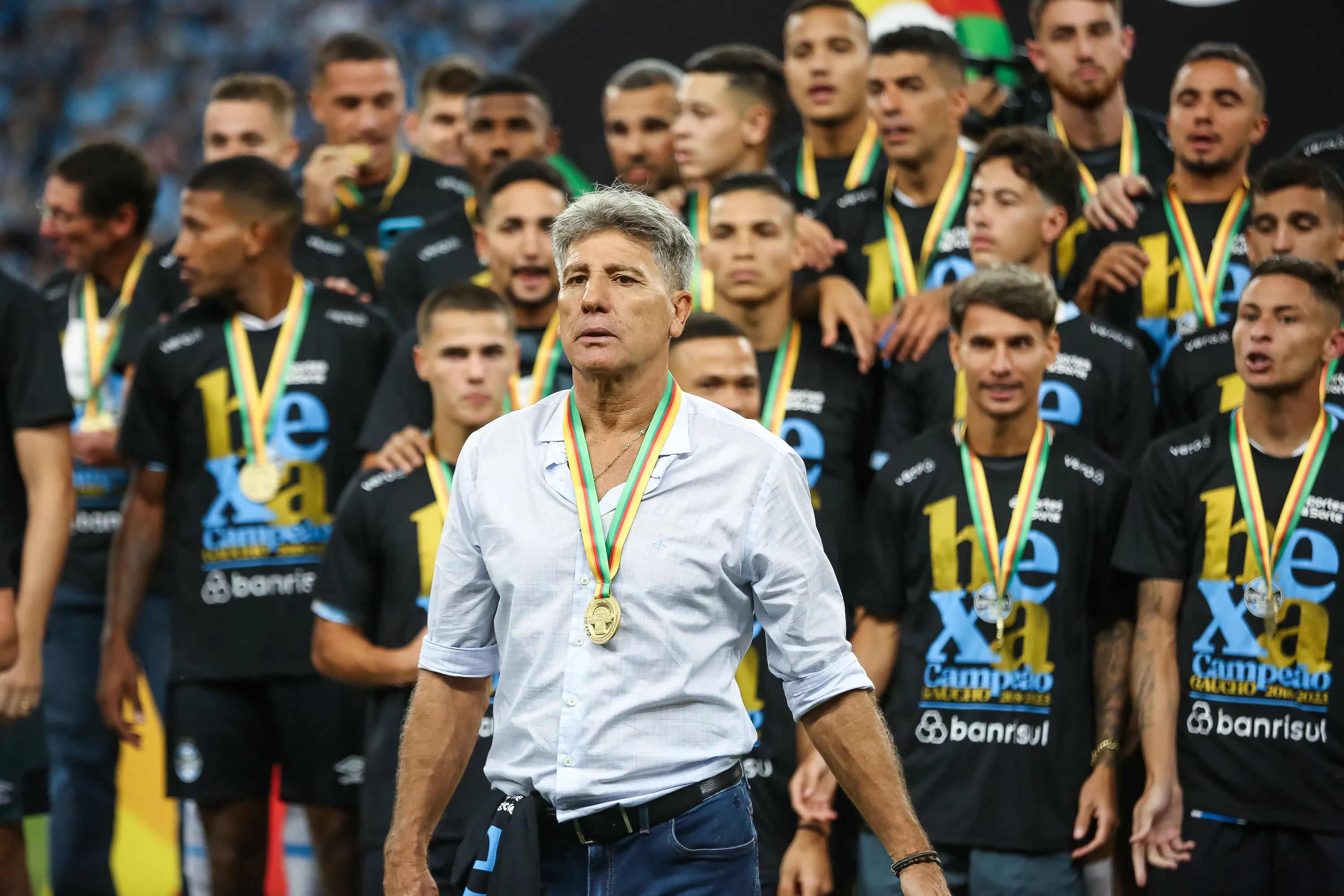 Renato Portaluppi tecnico do Gremio comemora titulo de campeao apos partida contra o Caxias no estadio Arena do Gremio pela decisao do campeonato Gaucho 2023. Foto: Pedro H. Tesch/AGIF