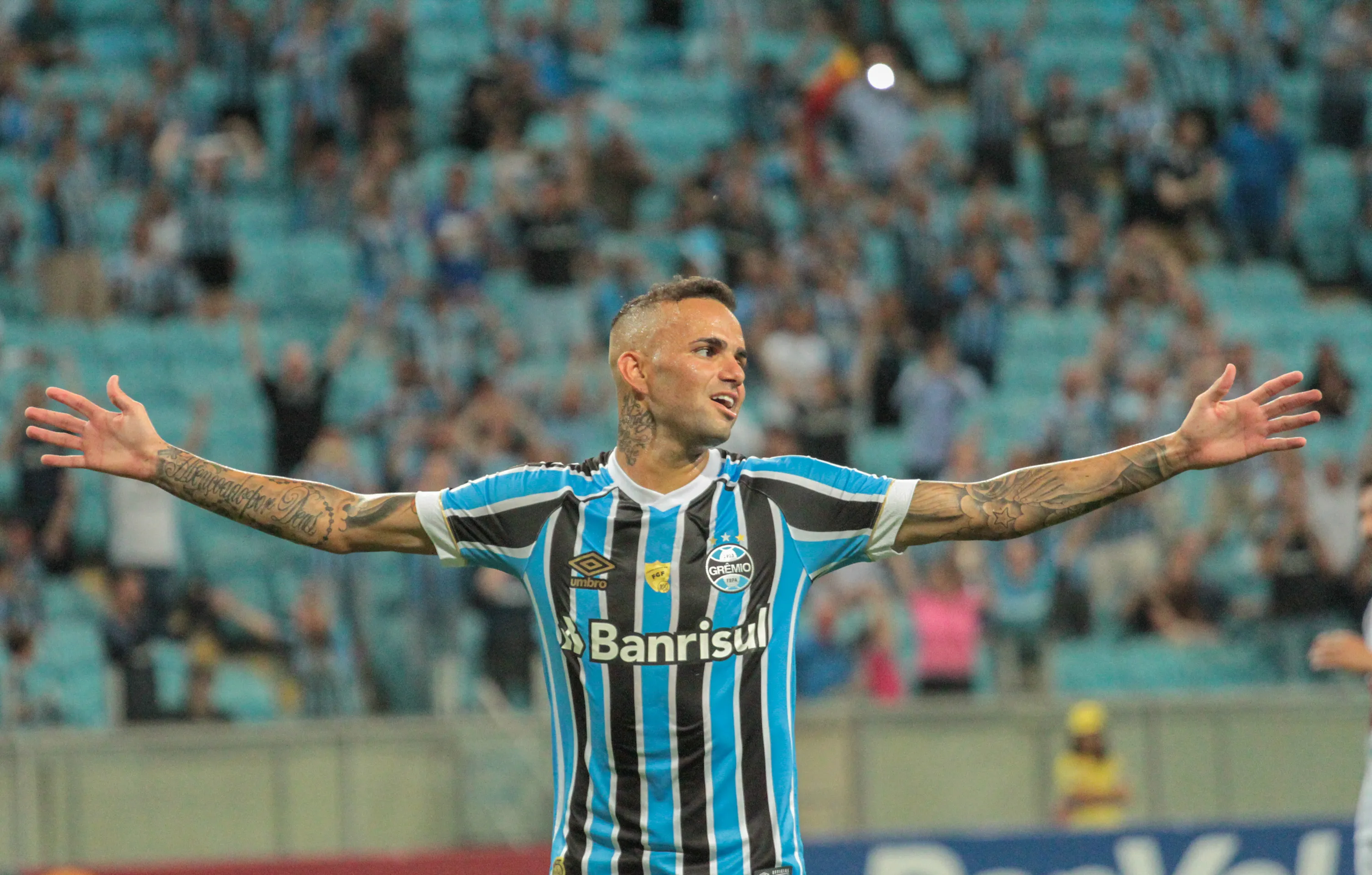 RS – Porto Alegre – 31/01/2019 – Gauchao 2019, Gremio x Sao Luiz – Luan jogador do Gremio comemora seu gol durante partida contra o Sao Luiz no estadio Arena do Gremio pelo campeonato Estadual 2019. Foto: Lucas Sabino/AGIF