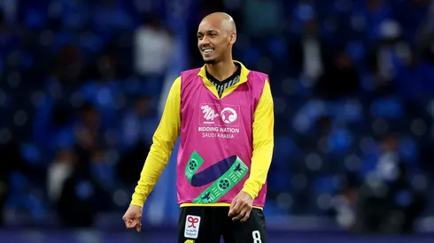 Fabinho of Al Ittihad looks on as he warms up, whilst wearing a 2034 World Cup Saudi Arabia 2034 branded bib as Saudi Arabia formally launch their Bid to host the 2034 World Cup, prior to the Saudi Pro League match between Al-Hilal and Al-Ittihad at Kingdom Arena on March 01, 2024 in Riyadh, Saudi Arabia.