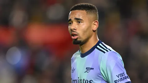 Gabriel Jesus of Arsenal looks on during the Premier League match between Brentford FC and Arsenal FC at Brentford Community Stadium on January 01, 2025 in Brentford, England.