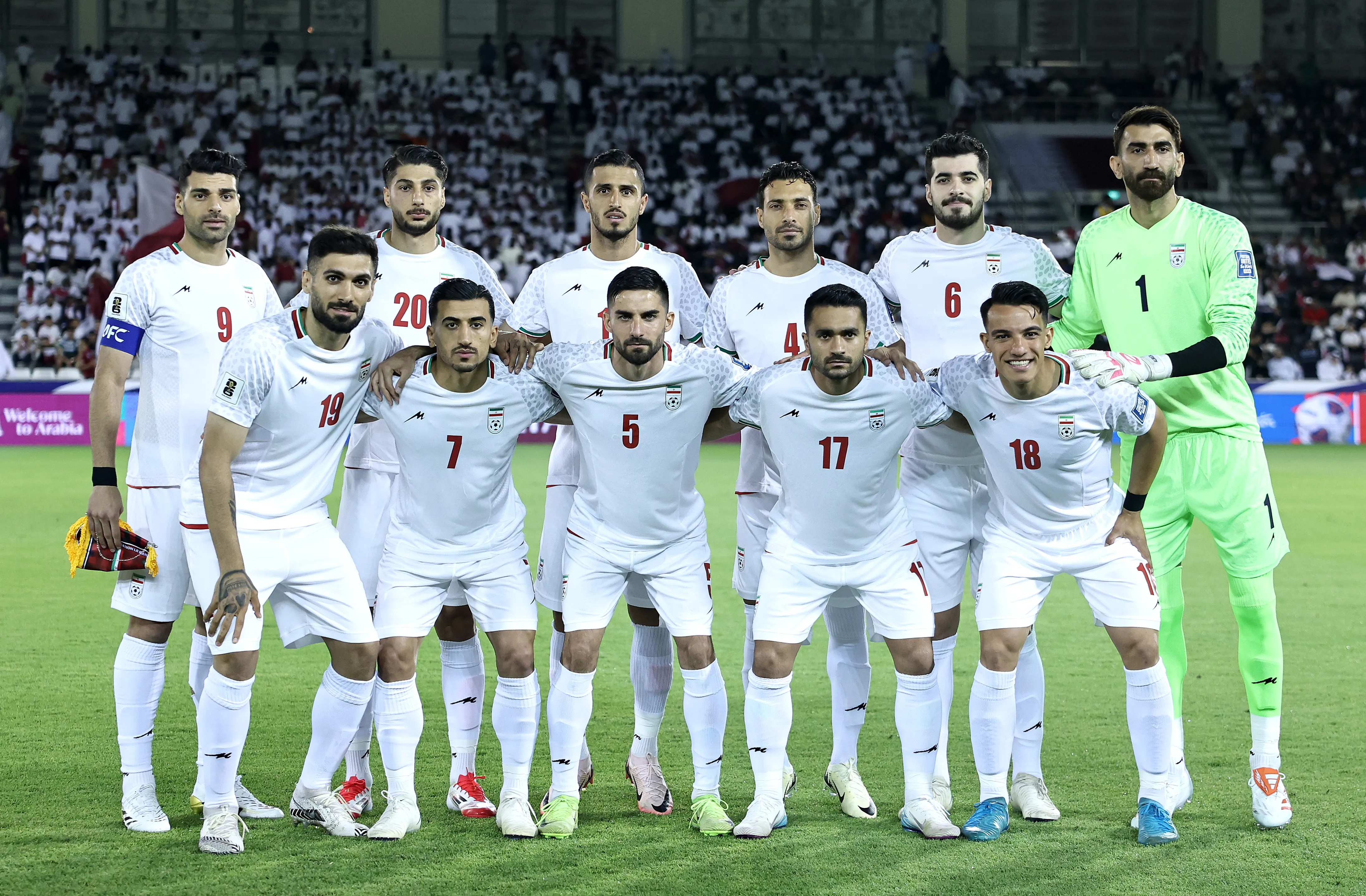 DOHA, QATAR – JUNE 05: Players of Iran pose for a team photo prior to the FIFA World Cup 2026 Qualifier match between Qatar and IR Iran at Jassim Bin Hamad Stadium on June 05, 2025 in Doha, Qatar.  (Photo by Mohamed Farag/Getty Images)