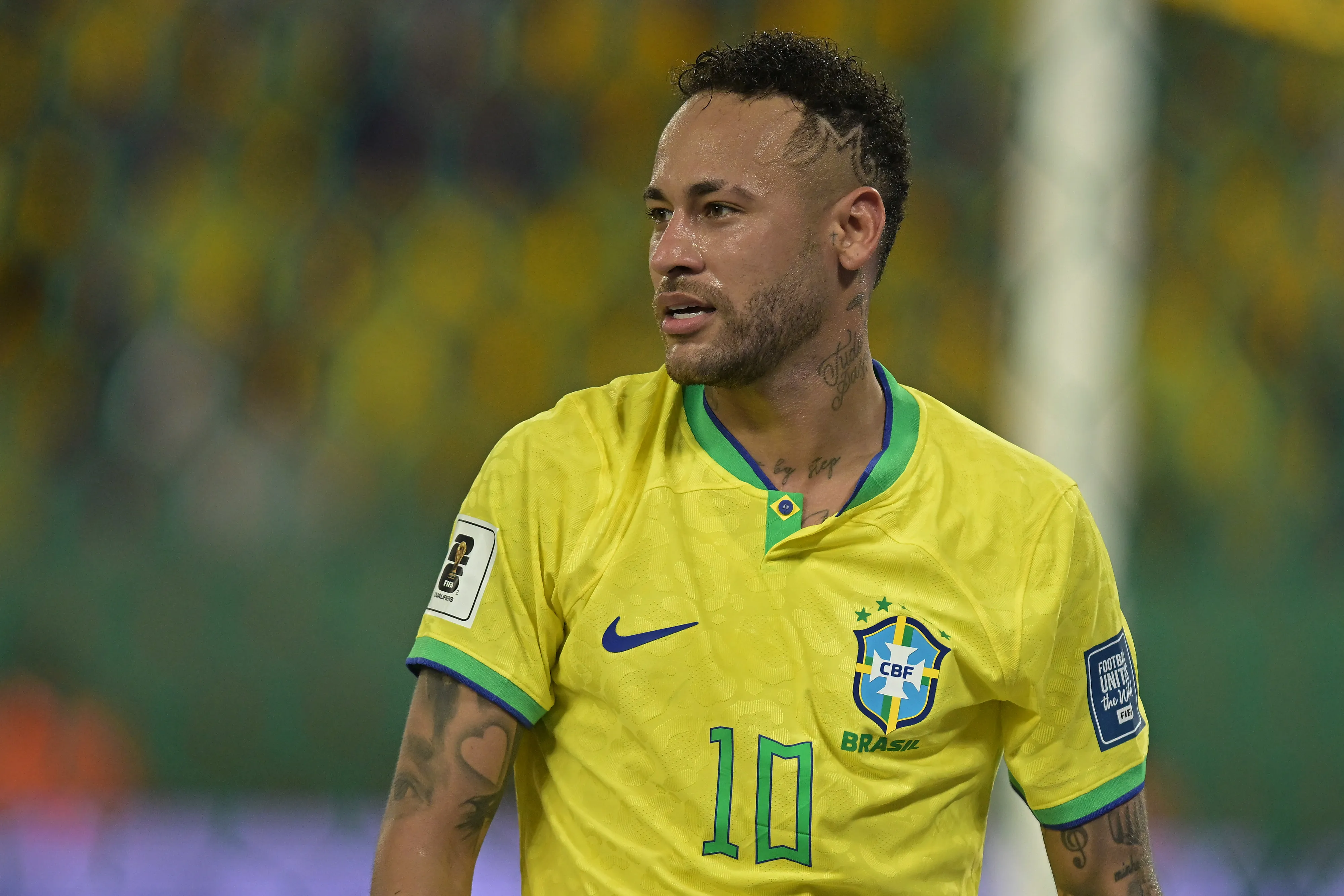 CUIABA, BRAZIL – OCTOBER 12: Neymar Jr. of Brazil looks on during a FIFA World Cup 2026 Qualifier match between Brazil and Venezuela at Arena Pantanal on October 12, 2023 in Cuiaba, Brazil. (Photo by Pedro Vilela/Getty Images)