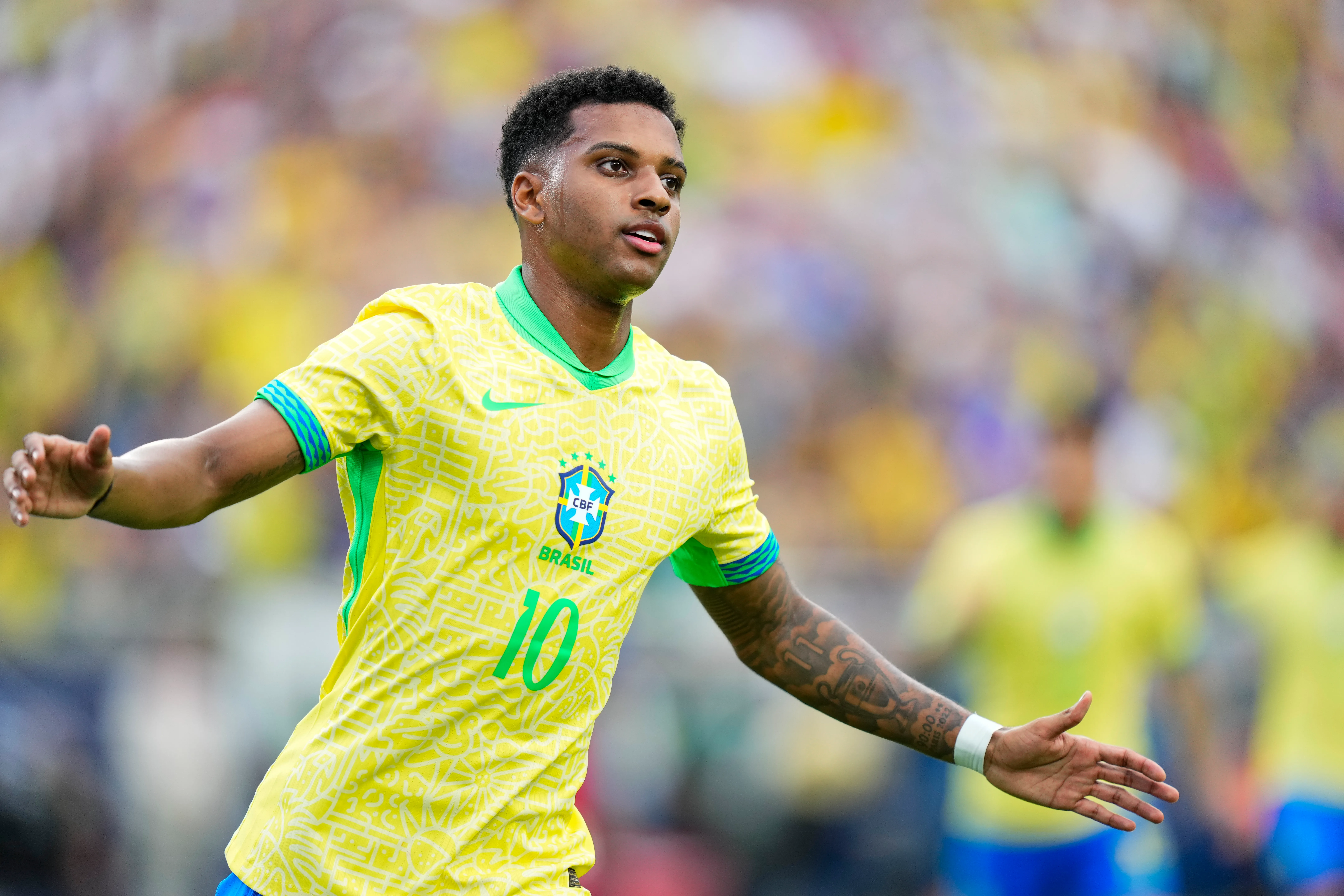 ORLANDO, FLORIDA – JUNE 12: Rodrygo #10 of Brazil celebrates after scoring a goal against the United States during the Continental Clasico 2024 game at Camping World Stadium on June 12, 2024 in Orlando, Florida.(Photo by Rich Storry/Getty Images)