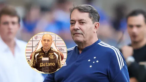 Pedro Lourenço (Pedrinho) dono do Cruzeiro/ Leonardo Jardim em apresentação como novo técnico do Flamengo (Imagem: Gilson Lobo/AGIF/Gilvan de Souza/Flamengo)
