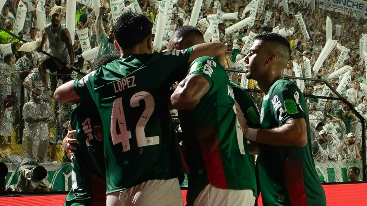 Jogador do Palmeiras comemora seu gol com jogador da sua equipe durante partida contra o Novorizontino no estadio Jorge Ismael de Biasi pelo campeonato Paulista 2026. Foto: Joisel Amaral/AGIF
