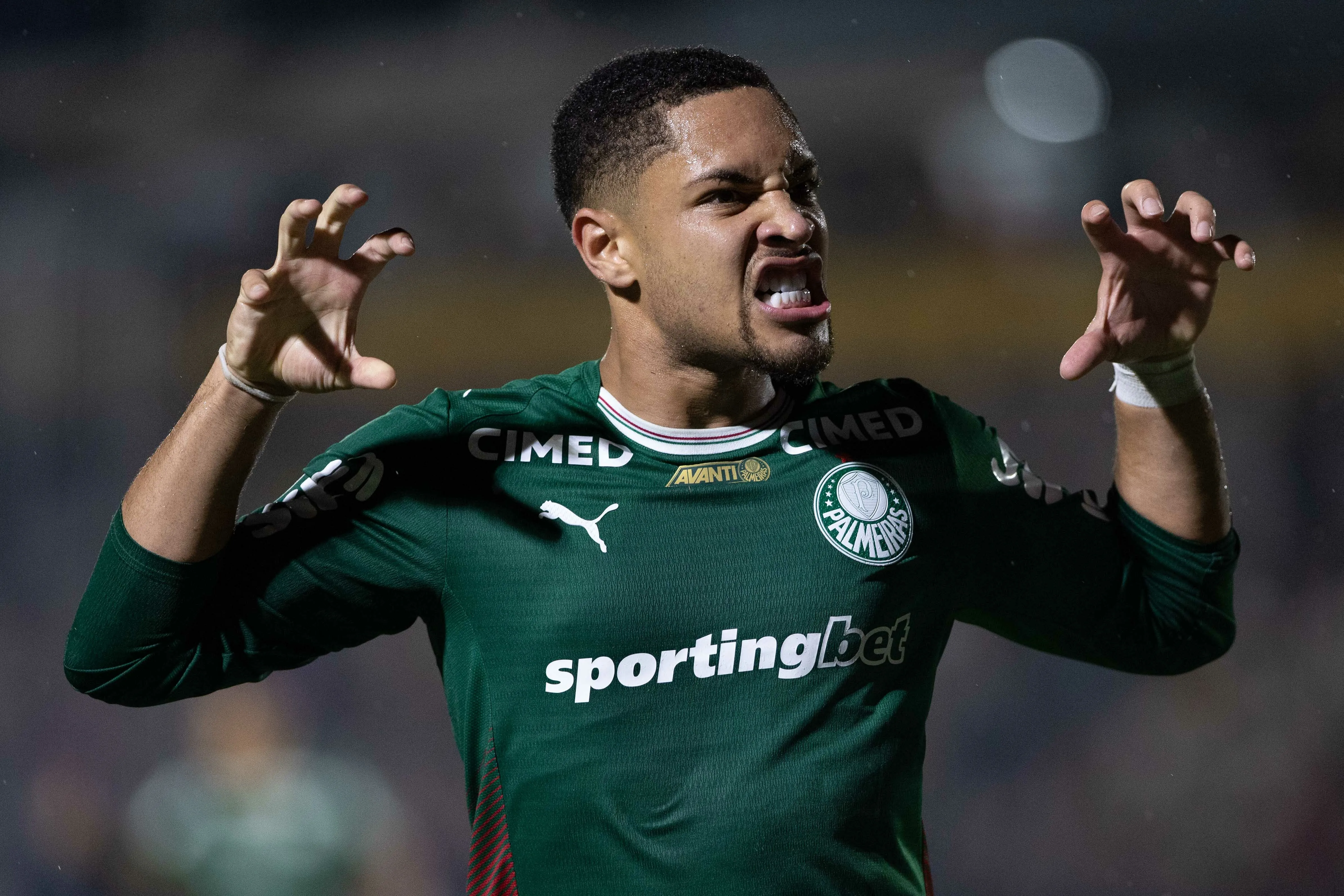 Vitor Roque jogador do Palmeiras comemora seu gol durante partida contra o Novorizontino no estadio Jorge Ismael de Biasi pelo campeonato Paulista 2026. Foto: Joisel Amaral/AGIF