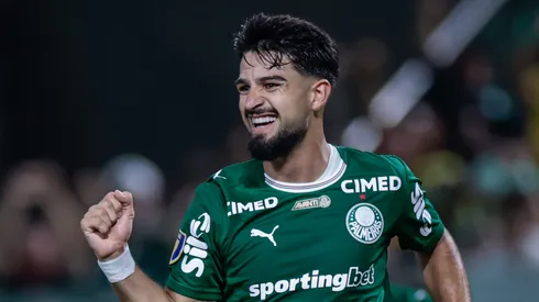 Flaco López jogador do Palmeiras comemora seu gol durante partida contra o Novorizontino no estadio Arena Barueri pelo campeonato Paulista 2026. Foto: Marcello Zambrana/AGIF
