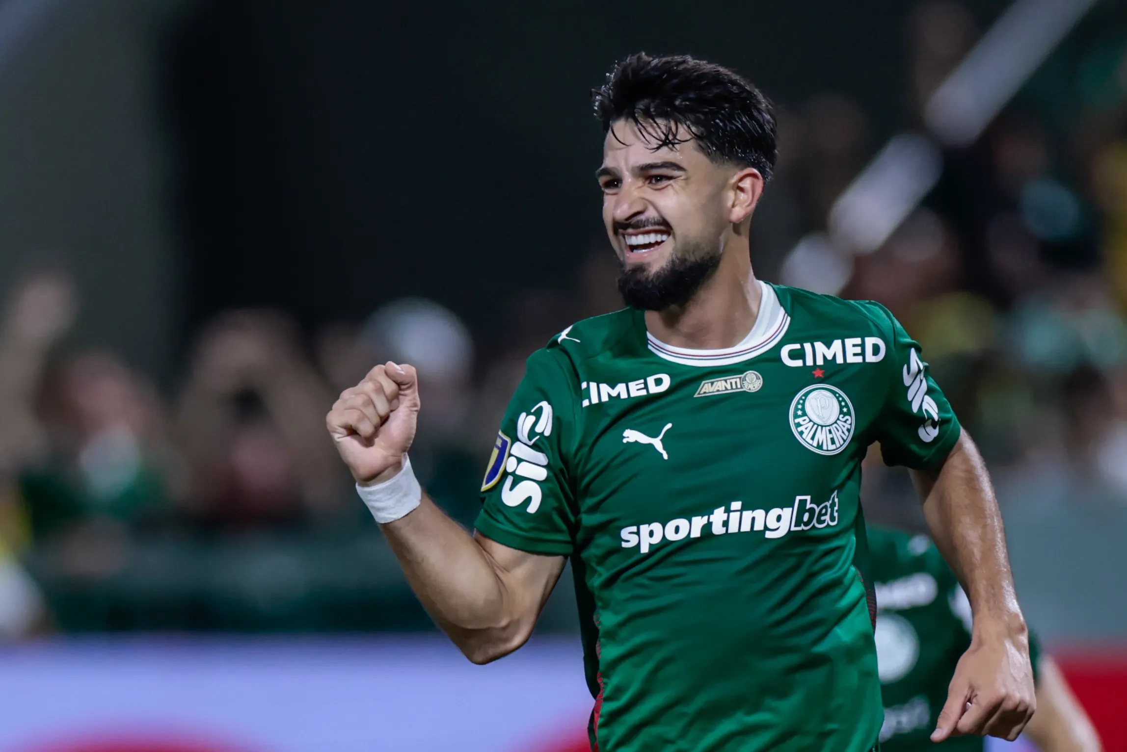 Flaco Lopez jogador do Palmeiras comemora seu gol durante partida contra o Novorizontino no estadio Arena Barueri pelo campeonato Paulista 2026. Foto: Marcello Zambrana/AGIF