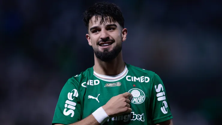 Flaco Lopez jogador do Palmeiras comemora seu gol durante partida contra o Sao Paulo no estadio Arena Barueri pelo campeonato Paulista 2026. Foto: Marcello Zambrana/AGIF