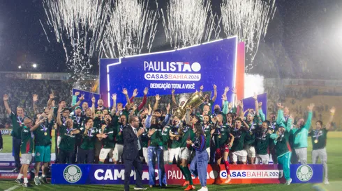 Jogadores do Palmeiras comemoram titulo de campeao apos partida contra o Novorizontino no estadio Jorge Ismael de Biasi pela decisao do campeonato Paulista 2026. Foto: Joisel Amaral/AGIF
