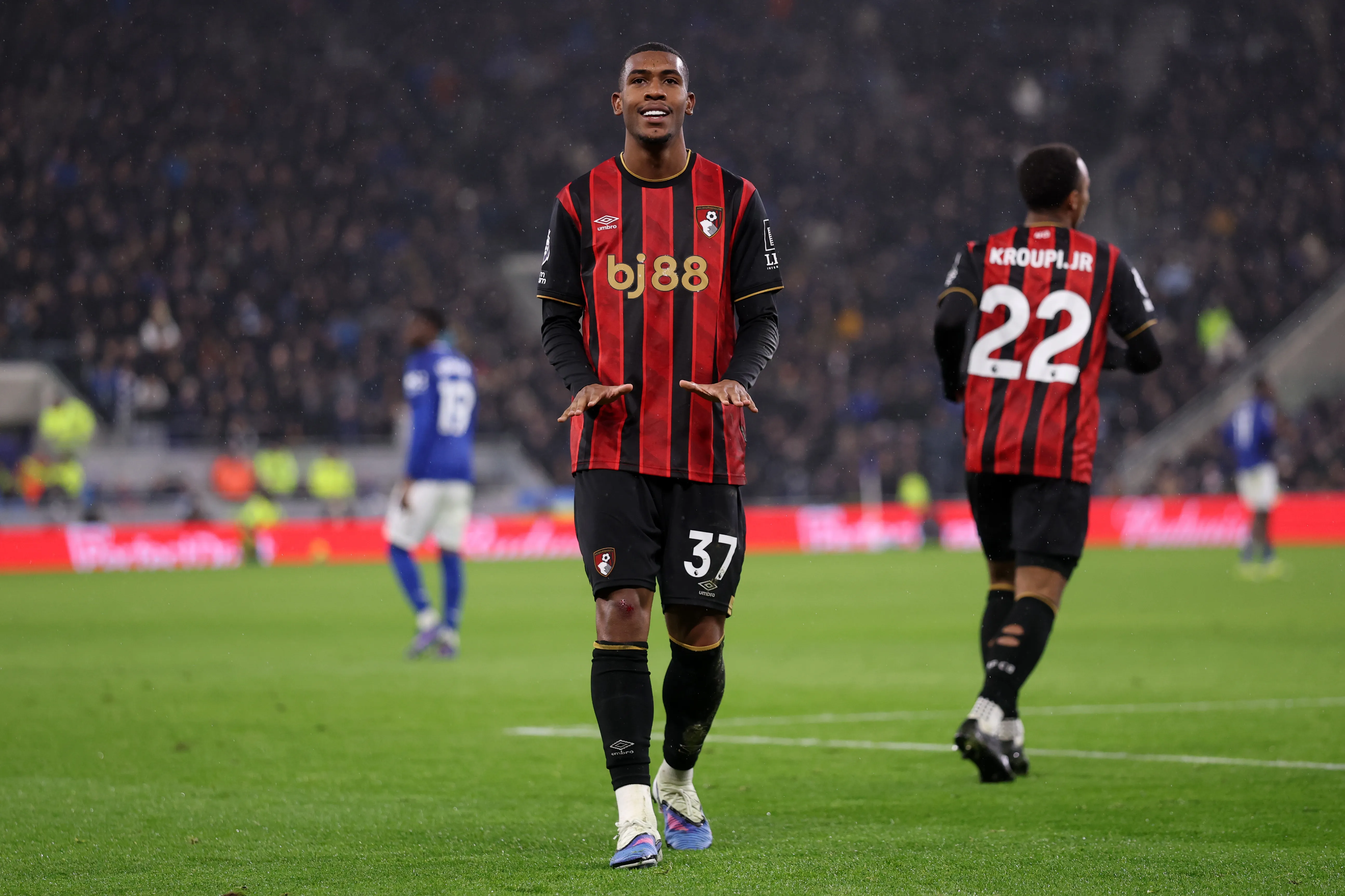 Rayan of AFC Bournemouth celebrates scoring his team’s first goal during the Premier League match between Everton and Bournemouth at Goodison Park on February 10, 2026 in Liverpool, England. (Photo by Carl Recine/Getty Images)